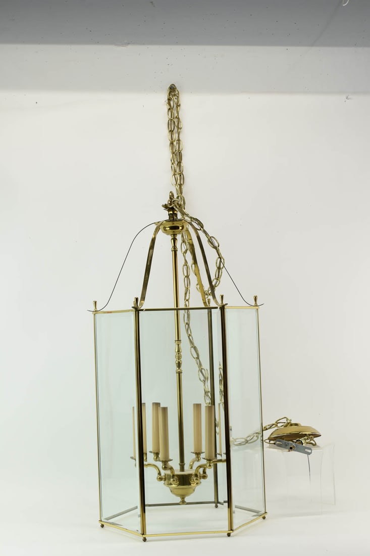 Vintage Brass Six-Light Pendant Form Chandelier: Vintage Brass Six-Light Pendant Form Chandelier, having six beveled glass sides. Used, unknown working condition. 32"h x 16-1/2"dia
