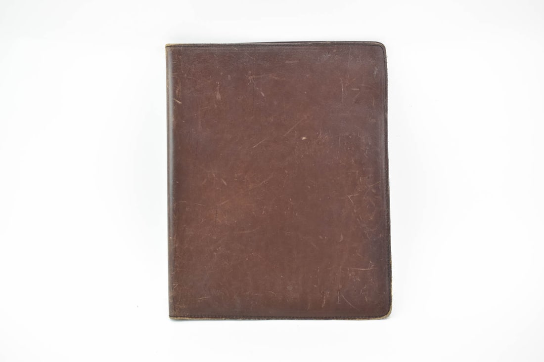 Brown Full Grain Leather Writing Portfolio: Brown Full Grain Leather Writing Portfolio, distressed, inside pockets & pen holder loop, 12-1/4"h x 9-7/8"w, wear, used condition.