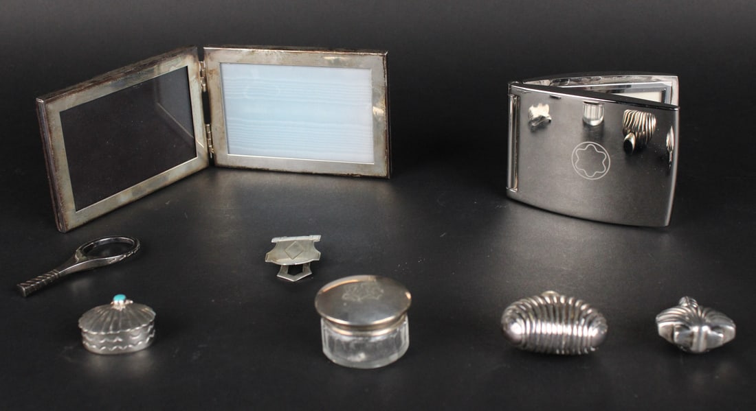 Sterling Silver Bottega Veneta Perfume: 2"h. Together with a Tiffany sterling silver perfume, a sterling lidded pill box, a Tiffany sterling silver picture frame, a silver unmarked pill box, a metal Mont Blanc double picture frame, a Tiffan