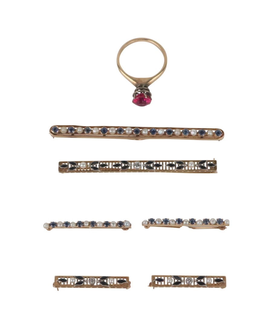 Two Sets Gold Pearl Sapphire & Diamond Bar Pins (1 of 18)