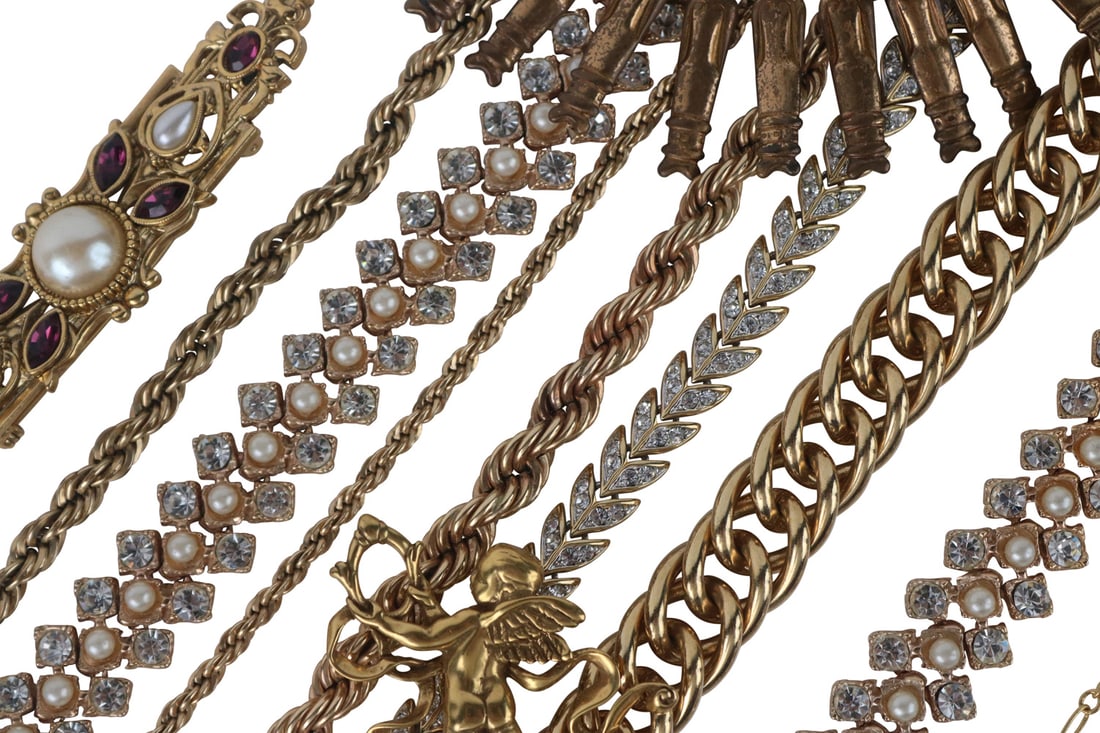 Bohemian Garnet Oval & Crescent Pins: Together with a large group of gold tone & brass jewelry, including a large and heavy Erwin Pearl necklace, 18"l, four pair of hoop earrings, and a MMA cupid pin.