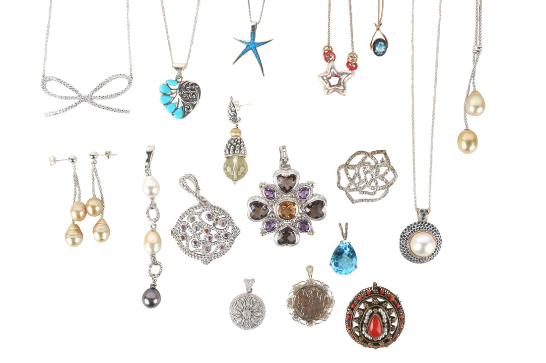 Judith Ripka 925 and 14K Pendant: 2"h. Together with a 925 Judith Ripka pendant, 925 items, and unmarked others.