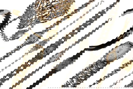 Bulova 14K White Gold Ladies Watch: 6.6"l. Together with 10K gold filled Hamilton ladies watch, Boma 925 watch, and unmarked other bracelets and watches.