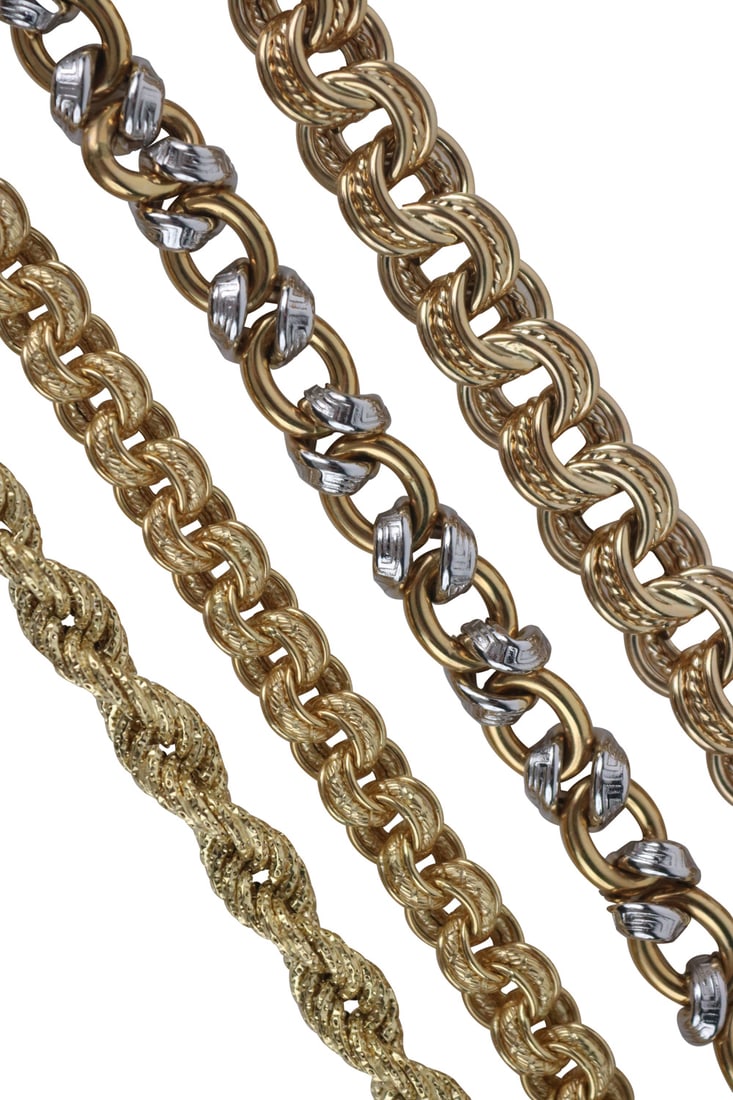 Two 18K Yellow Gold Link Bracelets: One of white & yellow gold, 8"l, total weight approx. 31.0dwt. Together with two 14K yellow gold link bracelets, 7", 7-1/2"l, weight approx. 13.1dwt.
