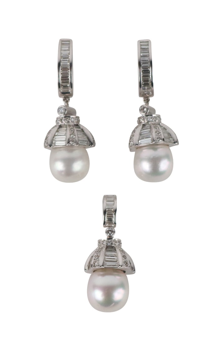 Pair of 18K White Gold Pearl & Diamond Earrings (1 of 6)