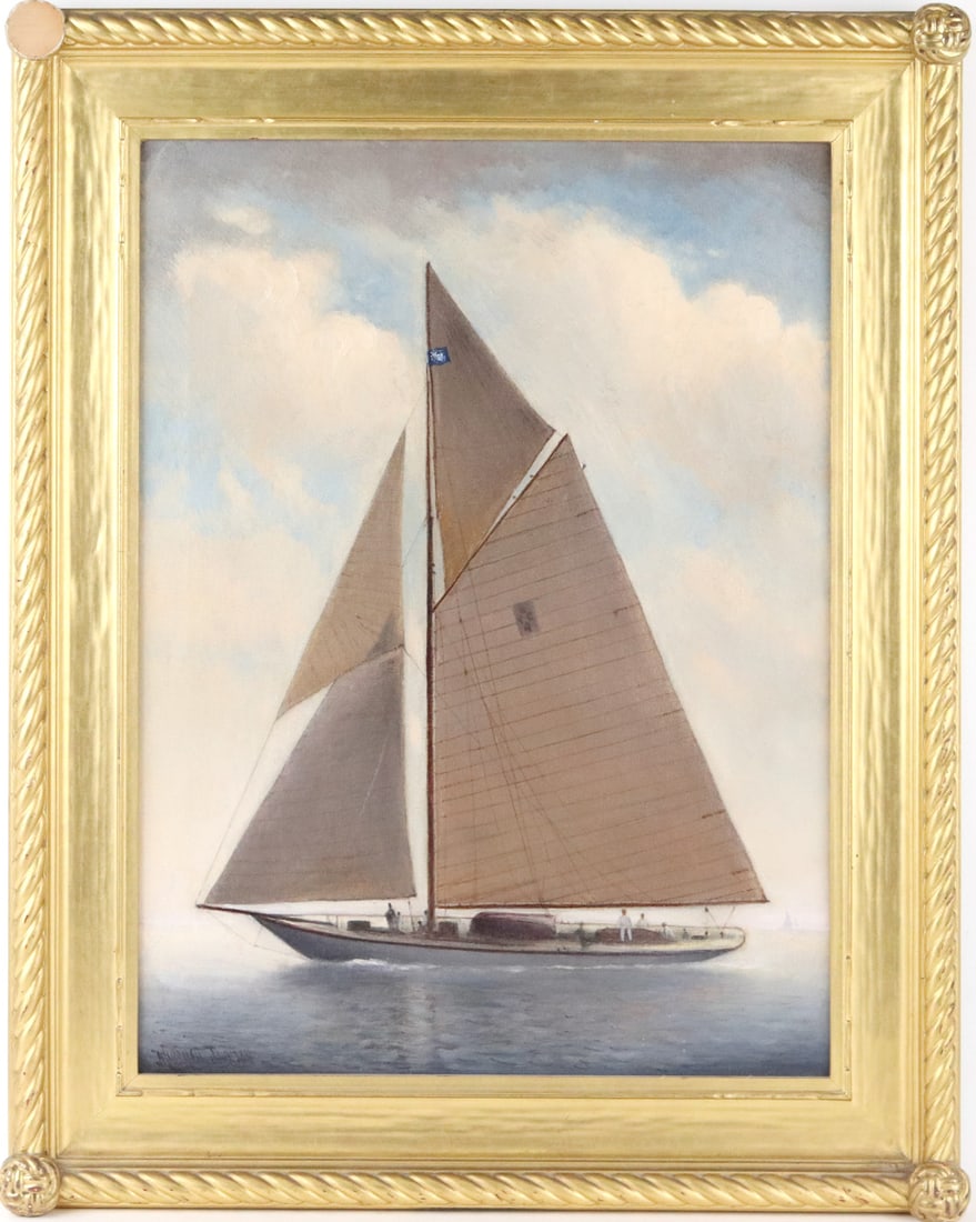 Marshall Johnson Jr., Oil on Canvas, Sailboat: (American, 1850-1921) signed l.l. "Marshall Johnson" Losses to frame. Sight size: 23-1/2"h x 17-3/4"w Overall: 30"h x 24-1/2"w