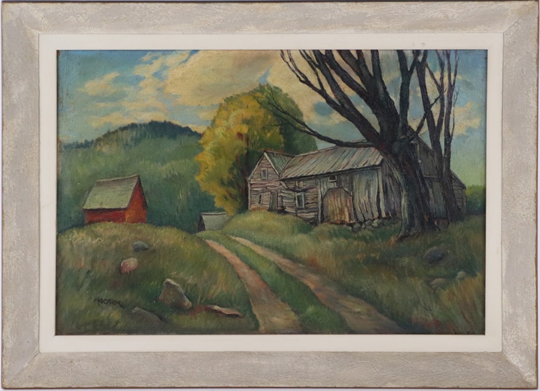 Richard Packer, Oil on Canvas, Barnscape: (American, 1916-1998) signed l.l. "Packer". Sight size: 15-3/4"h x 23-3/4"w Overall: 21-1/4"h x 29-1/4"w
