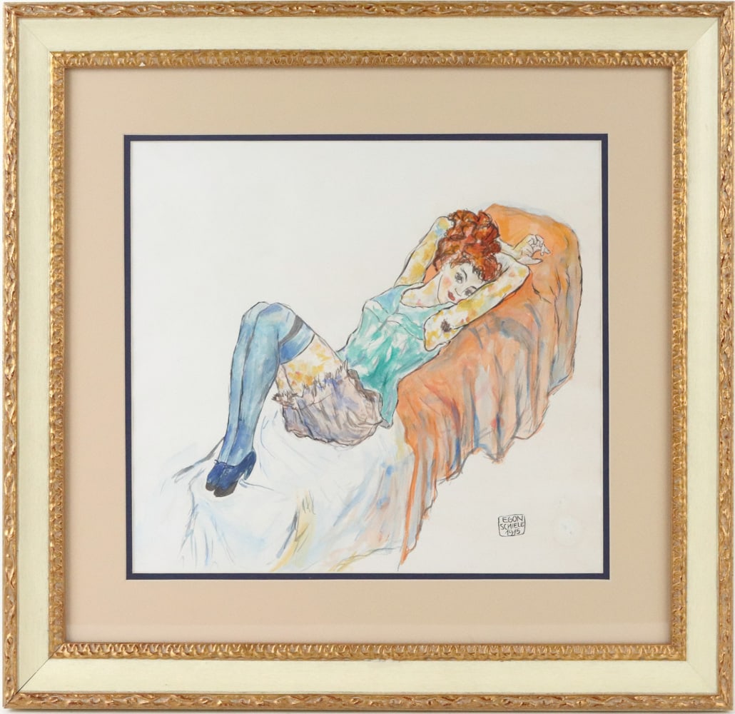 Watercolor, Recumbent Woman: Attributed to Egon Schiele (Austrian, 1890-1918) Bears signature, signed l.r. and dated 1915. Discoloration in lower right corner. Sight size: 12"h x 13-3/4"w Overall: 19-1/2"h x 21-1/2"w Provenance: