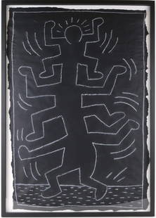 Keith Haring, NYC Subway Chalk Drawing: (American, 1958-1990) Chalk drawing on black subway billboard from New York City. With COA from Rare and Signed Art Appraisers. Tears to edges. Paper Size: 39"h x 27"w Overall: 41-3/4"h x 29-1/2"w Pro