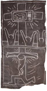 Keith Haring Subway Drawing "Modern Crucifixion": (American, 1958-1990) This drawing came from the Seventh Avenue subway station in Greenwich Village. This piece was photographed by Tseng Kwong Chi (Hong Kong 1950-1990, NY) who photographed most of K