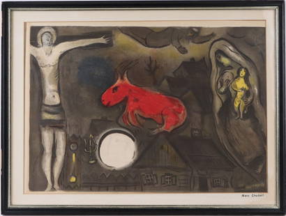 Marc Chagall, Lithograph, "Mystical Crucifixion": (Russian, 1887-1985) signed in plate l.r. Sight size: 14-1/4"h x 21"w Overall: 18"h x 24"w
