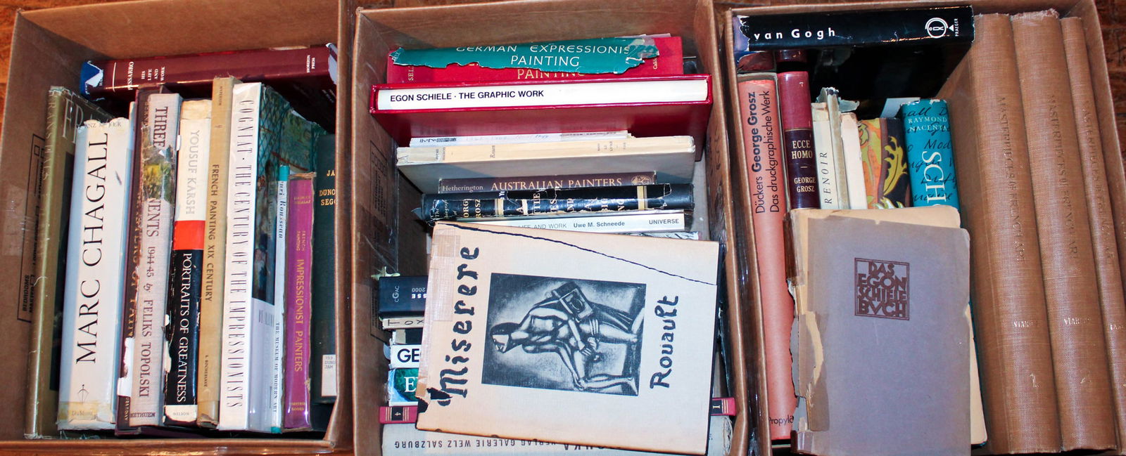 Group of Assorted European Art Books: Including, George Grosz, Edvard Munch, German Expressionist, Rembrandt, Otto Dix, and Egon Schiele. Appx. 44 books No guarantees made about the number of books in a lot or condition of books. All book