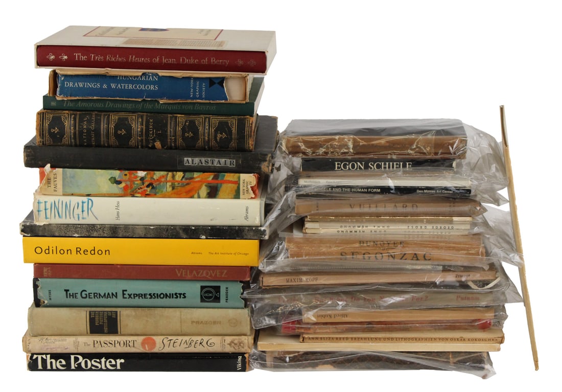 Group of Assorted Art Books: Including, Velazquez, Egon Schiele, George Grosz, National Portrait Gallery, and Odilon Redon. Appx. 42 pieces No guarantees made about the number of books in a lot or condition of books. All books so