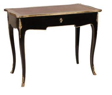 Louis XVI Style Ebonized Writing Desk: Gilt-metal mounted, 20th/21st C. The underside is branded with a script "C" possibly for the Carlyle Hotel. 29-3/4"h x 37-1/2"w x 21"d Provenance: Property from a Private New York and Switzerland Coll