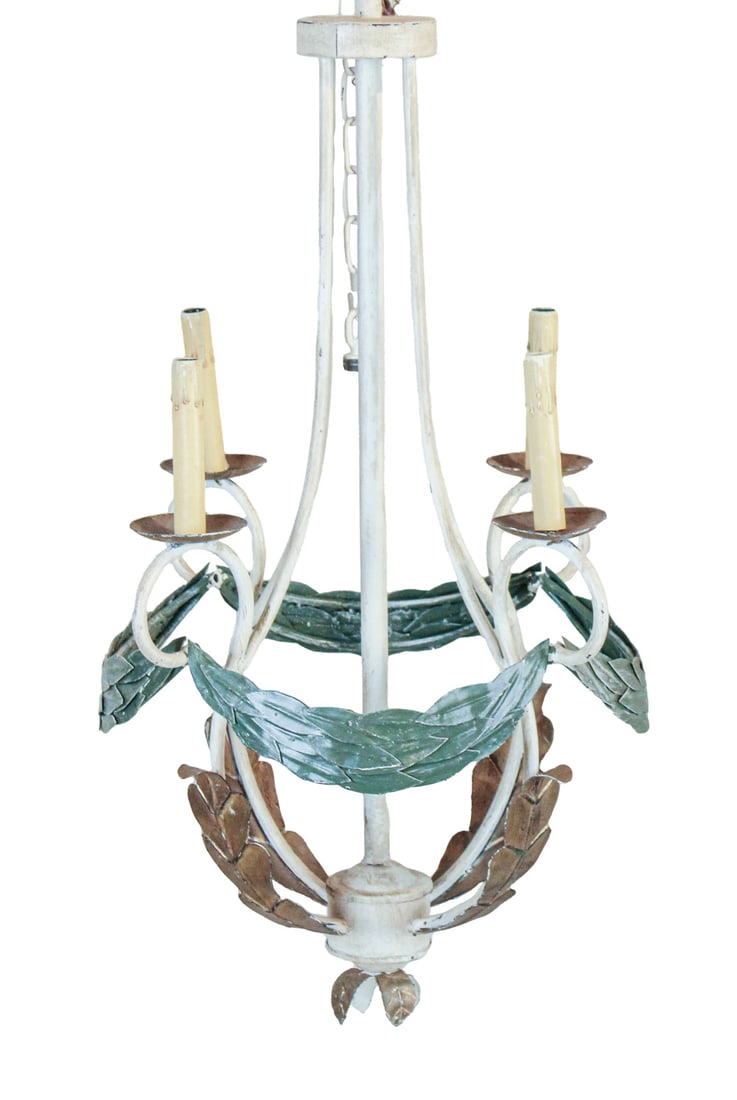 Painted Tole Four-Light Chandelier: 20th C. decorated with swags and leaves. Losses to paint, wear, surface distress. 31"h x 18"dia