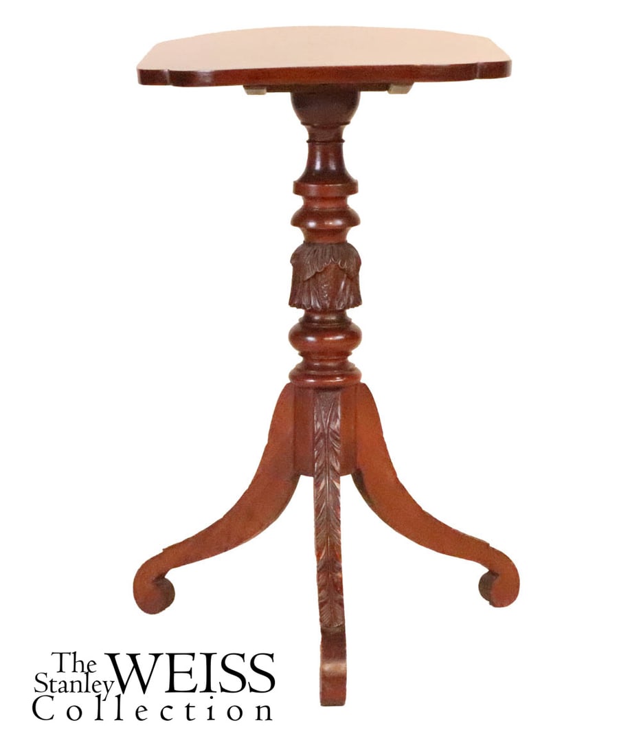 Federal Carved Mahogany Tilt-Top Candlestand: New York State or New England, 1815-1825. 28-1/2"h x 16-3/4"w x 24-1/4"d Provenance: The Stanley Weiss Collection Literature: www.stanleyweiss.com