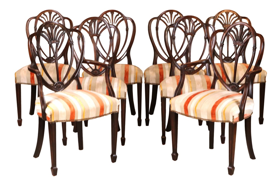 Eight George III Style Mahogany Dining Chairs: English, 19th/20th C. Various repairs. Appx 39"h