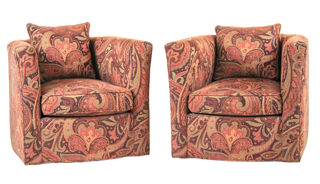 Pair of Paisley-Upholstered Swivel Club Chairs (1 of 7)