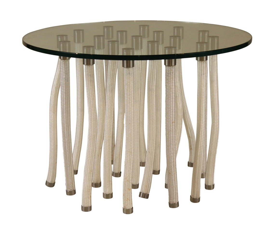 Fabrio Novembra for Cappellini Org Side Table: 2001, with glass top and nylon rope legs. 17-1/2"h x 24"dia.