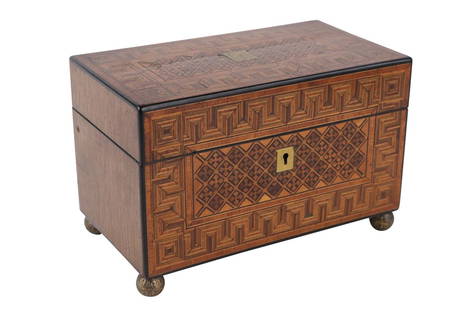 Regency Elaborately Marquetry Inlaid Tea Caddy: English, 19th C. Some losses and wear. 6"h x 9"w x 5-1/4"d