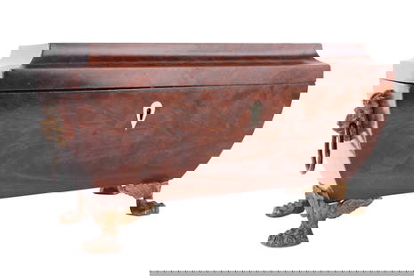 Regency Mahogany Sarcophagus Form Tea Caddy: English, 19th C. fitted with a glass and two lined cavities. Some wear. 7-1/2"h x 13-1/4"w x 6-3/4"d