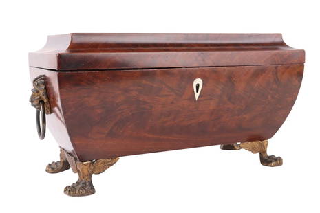 Regency Mahogany Sarcophagus Form Tea Caddy: English, 19th C. fitted with a glass and two lined cavities. Some wear. 7-1/2"h x 13-1/4"w x 6-3/4"d