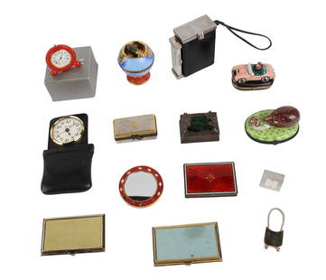 Four Limoges Porcelain Pill Boxes: Together with two Judith Leiber card cases, a Yves St. Laurent cigarette case with attached lighter, a Verdura clock, a Mark Cross clock in leather case, a enamel mirror, and an enamel box. 14 pieces