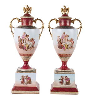 Pair of Royal Vienna Porcelain Covered Urns: Hand-painted, 19th C. 2 pieces. 17-3/4"h x 5-1/2"w x 5-1/2"d