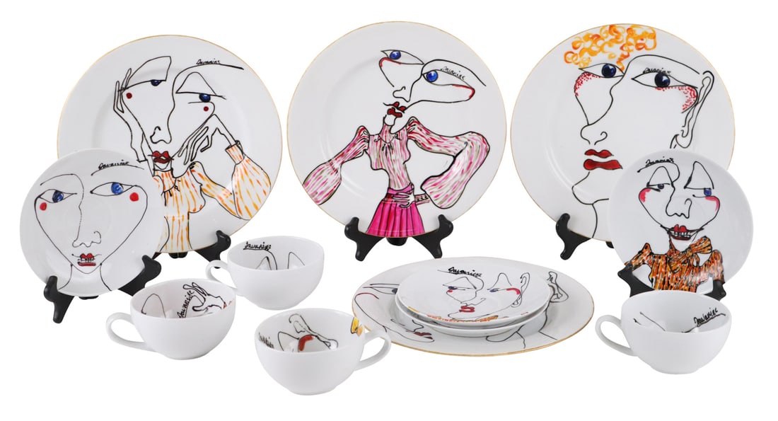 Modern Set of Hand-Painted Plates, Mugs & Saucers: All signed by the artist, four dinner plates, four mugs and four saucers. Some wear. Dinner: 11-1/4"dia.