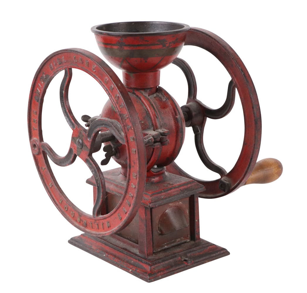 The Swift Hill Lane Bros Cast Iron Coffee Grinder: Millbrook, NY. Losses to paint and wear. 11-1/4"h