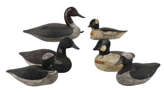 Six Decoys: Including four Bufflehead examples, some initialed on underside, 20th C. 6 pieces. From 10"l to 17"l