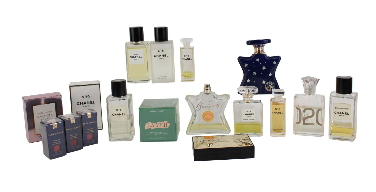 Eight Bottles of Chanel Perfume: Including, Boy Chanel, Chanel No. 5, and Chanel No. 19. Together with two Bond No. 9 bottles of perfume, escentric 02 perfume, Estee Lauder Seneuous Nude perfume, three bottles of Estee Lauder unopene