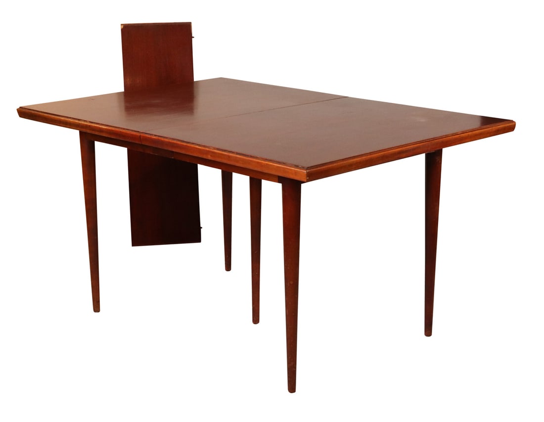Mid-Century Modern Mahogany Dining Table: Mid-Century Modern Mahogany Dining Table With one 12"w leaf. Some surface distress. 29-3/4"h x 4'8-3/4"w x 38"d
