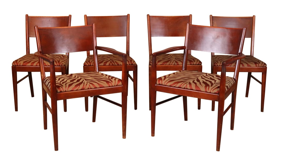 Six Mid-Century Modern Mahogany Dining Chairs: Six Mid-Century Modern Mahogany Dining Chairs. Comprising, two arms and four sides. Surface distress and wear. Side: 31"h x 18"w x 18"d Arm: 24"w over arms