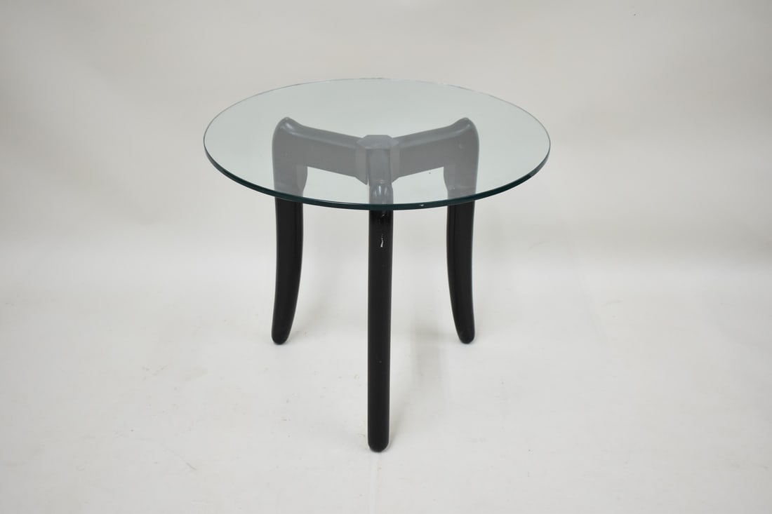Modern Glass Top Occasional Table: Modern Glass Top Occasional Table with black painted legs. Used condition, wear, worn, 22 3/4" tall x 26 3/4" diameter