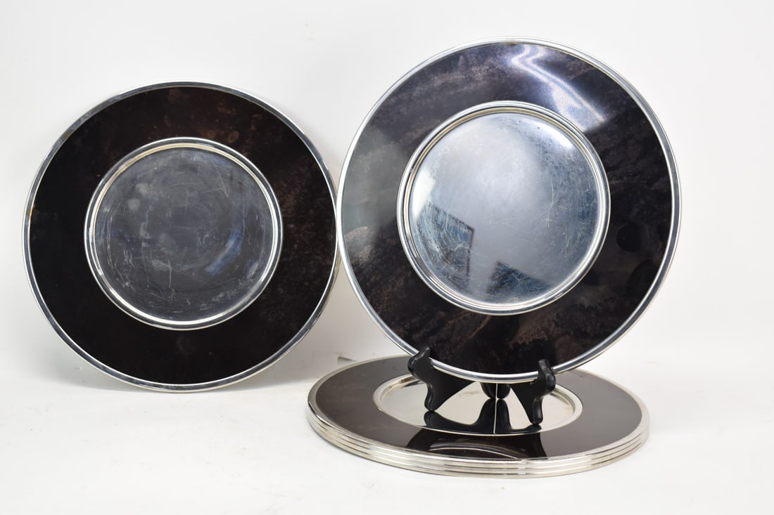 Six Modern Bouillet Bourdelle Chromed Chargers: Set of 6 Modern Bouillet Bourdelle Chromed Chargers. Used condition, 11 3/4" diameter
