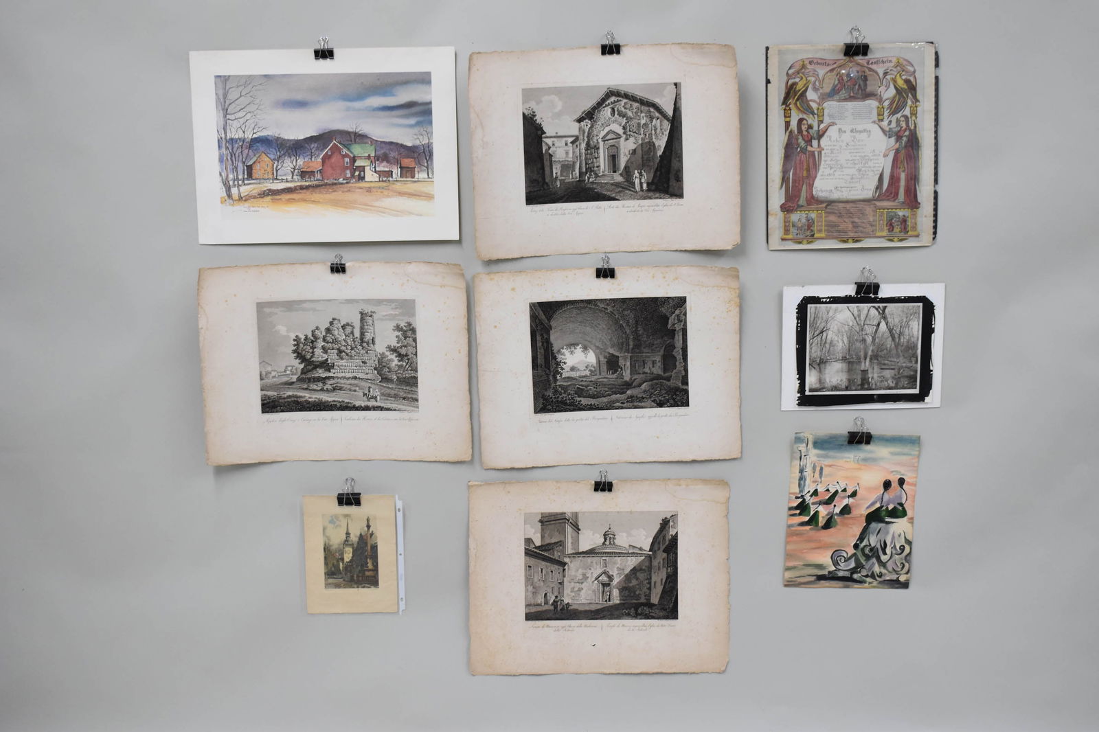 Group of Assorted Art Work: Group of Assorted Art Work including a set of sepia studies of animals. Together with and assorted group of art work including Carlo Labruzzi incisero architectural engravings, Brussels canal scene, w