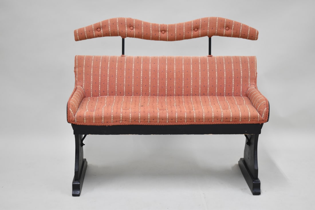 Antique Black Painted and Upholstered Buggy Seat: Antique Black Painted and Upholstered Buggy Seat. Used condition, wear, fading to fabric. 31 3/4" tall x 37" long x 17" deep