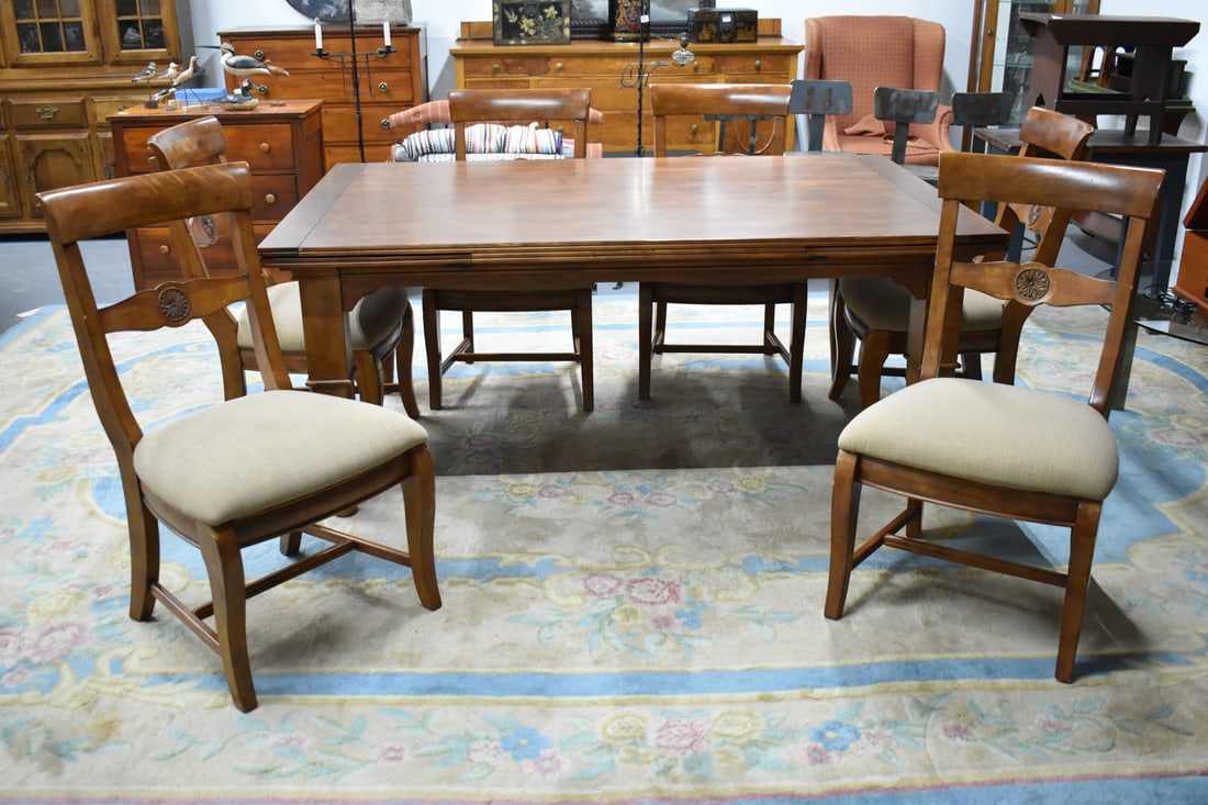 Set of 6 Kincaid Dining Chairs & Extension Table: Set of 6 Kincaid Dining Chairs. Together with a Extension Dining Table. Used condition, some fabric stains, repair need to underside skirt of table. Table closed size 46 1/4" wide x 72" long x 30 1/4"