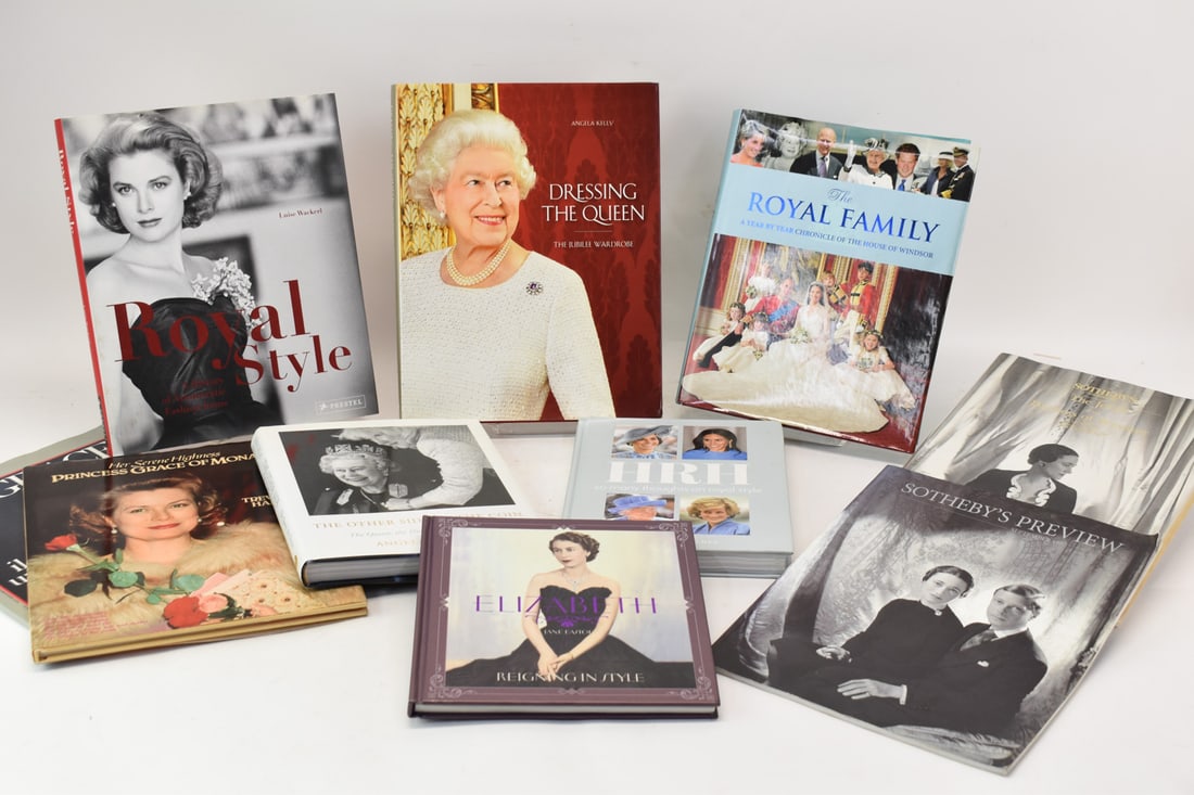 Group of Assorted Royal Family Books: Group of Assorted Royal Family Books including Dressing The Queen: The Jubilee Wardrobe, The Other Side of The Coin, Royal Style, Sotheby's The Jewels of the Duchess of Windsor. Used condition, wear, 