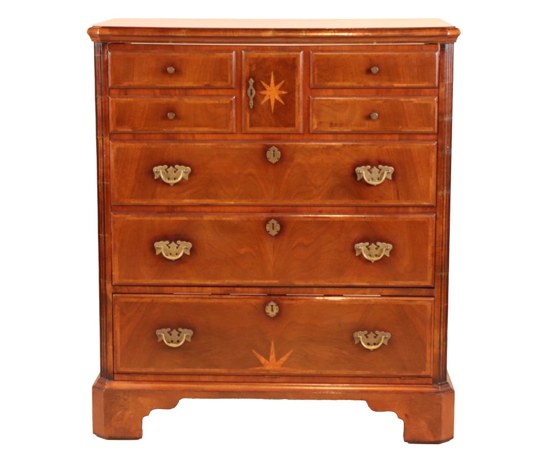 Georgian Style Inlaid Mahogany Cabinet: 20th/21st C. with false drawer front, lifting to reveal an opening with four holes. Lacking back. 39-1/4"h x 34-1/4"w x 20"d Provenance: Property from a Private Princeton, NJ Collection