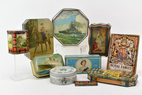 English Royalty Commemorative Collectable Tins: English Royalty Commemorative Collectable Tins. Including King George, Queen Elizabeth, King Charles and Princess Diana by Hurtley & Palmers, Cadbury, Bensons, Reading and London. Together with a U.S.