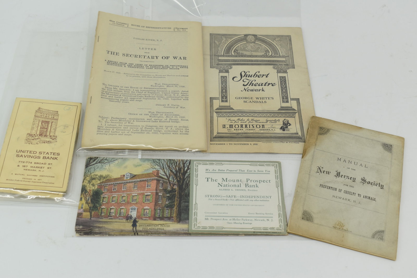 Group of Assorted Newark New Jersey Ephemera: Group of Assorted Newark New Jersey Ephemera comprising of Manual of the New Jersey Society for the Prevention of Cruelty to Animals from 1880, 3 The Mount Prospect National Bank Advertisements, three