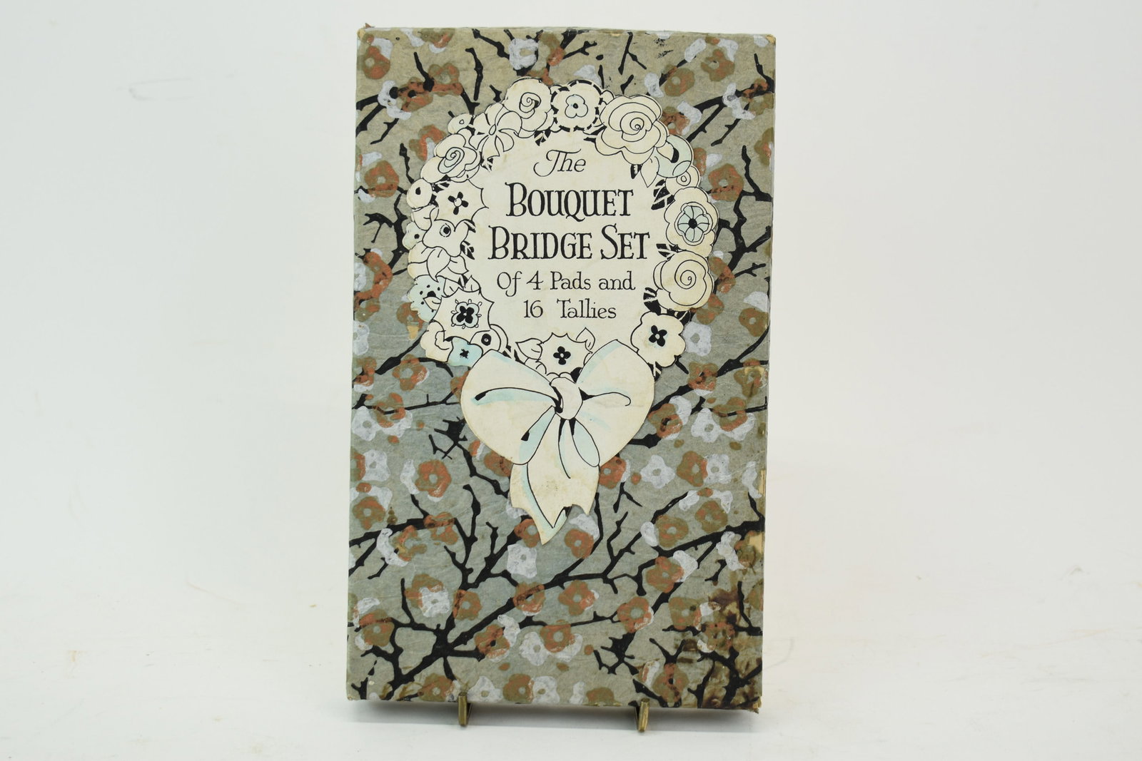 1940s Bouquet Bridge Set in Original Box: 1940s Bouquet Bridge Set in Original Box, pressed handmade paper box containing 4 Bridge Score Pads and 32 Tallies (box is marked 16 Tallies), and four additional decorative paper pieces all in glorio