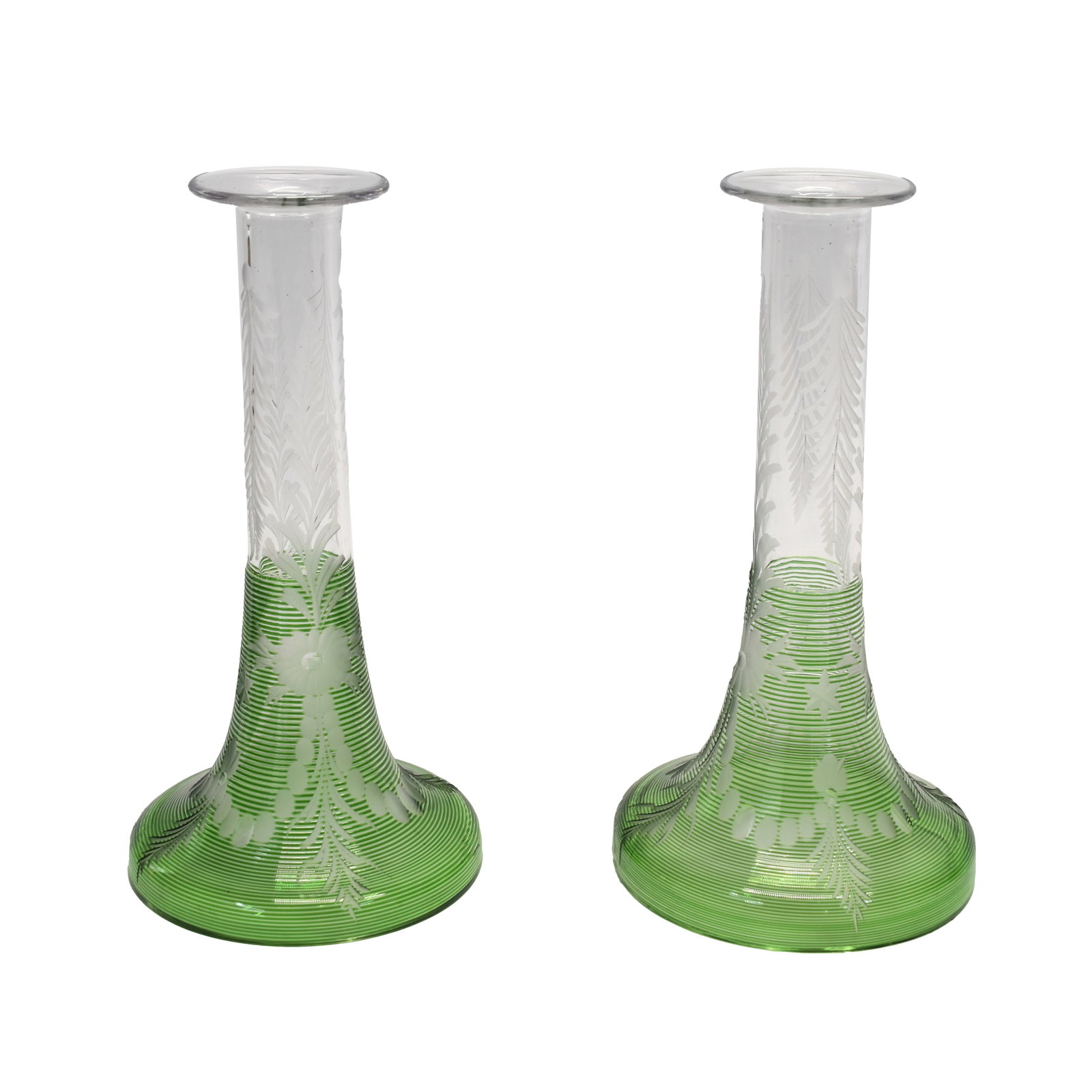 Pair of Hawkes Cut-to-Clear Green Candlesticks: Pair of Vintage Hawkes Cut-to-Clear Green Glass Candlesticks with "Hawkes" trefoil etching at underside; used condition; each measures approximately 8 1/2" tall x 4 1/2" diameter at base