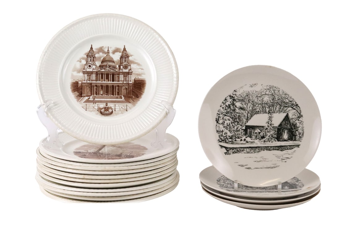 Twelve Wedgwood "Old London Views" Dinner Plates: Together with 4 plates depicting Saint David's Radner Church, Pennsylvania, a Wedgwood replica of The Franklin Bowl and The Philadelphia Bowl. Chips, wear, surface distress. Bowl: 5-1/4"h x 12-1/4"dia