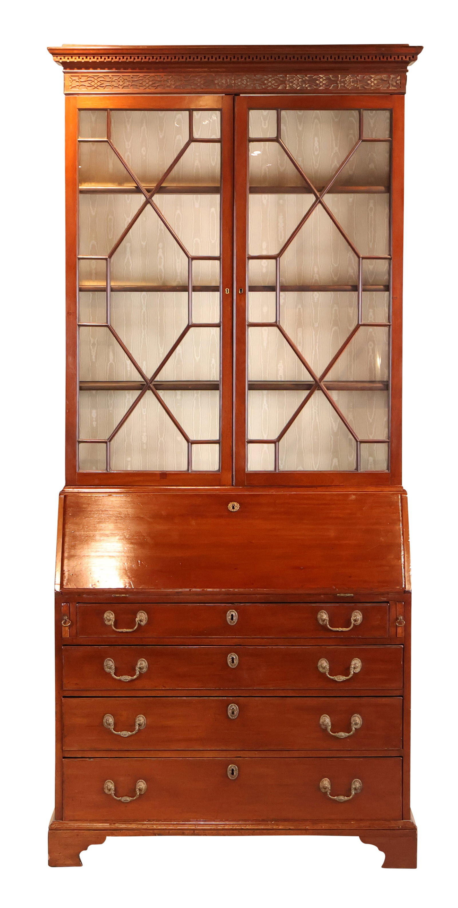George III Mahogany Desk-and-Bookcase: English, third quarter 18th C. One drawer fitted with a G & L label. Appx 89-1/4"h x 39"w x 19-1/2"d Provenance: Ginsburg & Levy, New York, 1973 Property from a Private Westchester New York Collector