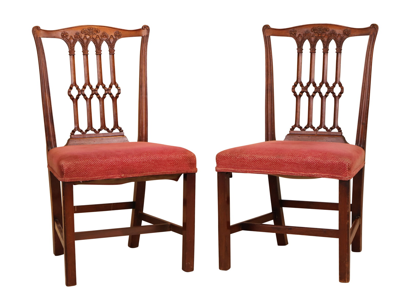 Pair of George III Carved Mahogany Chairs: English, late 18th C. Surface distress, wear, losses. 37"h x 21"w x 18"d