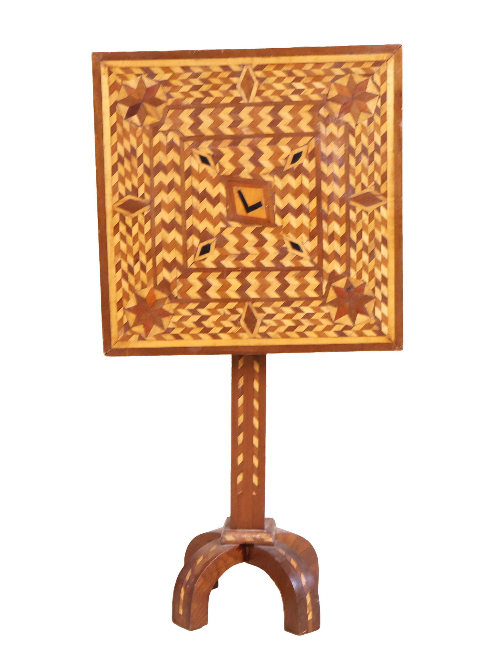 Folk Art Marquetry Inlaid Square Tilt Top Table (1 of 10)
