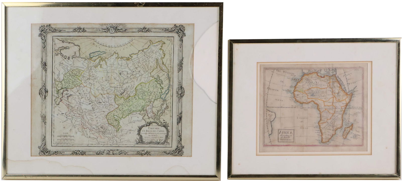 After John Senex, Map of Africa: Africa According to the Lateft Obfervations printed London, 1735. Hand-colored copper plate engraved map from Patrick Gordon's "Geographicall Grammer." Together with Louis Brion "Grand Tartarie et Isl